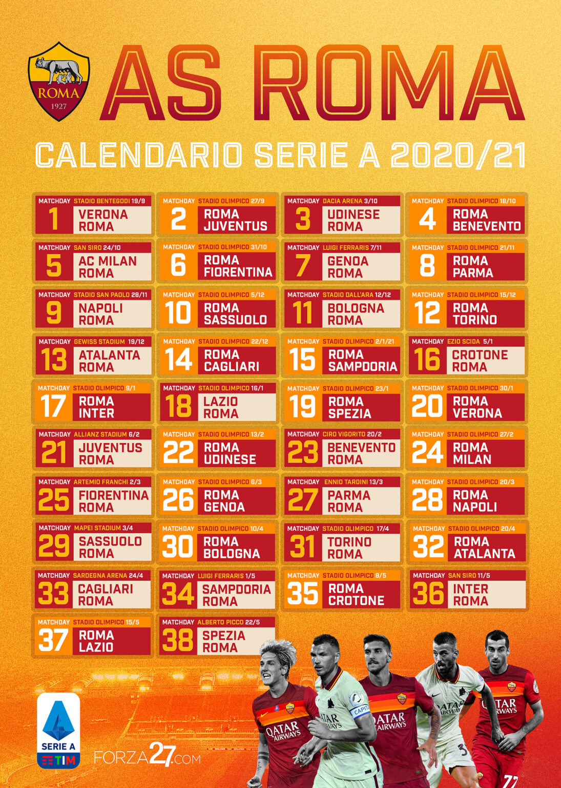 AS Roma Calendario Serie A 2020/21 Forza27